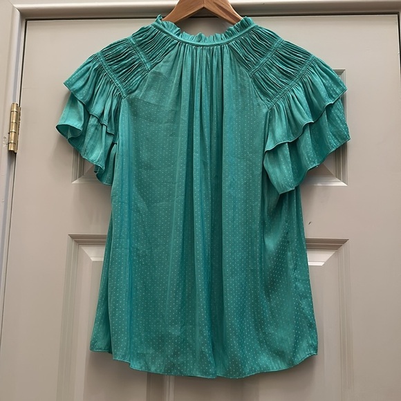 Caballero Collection Kelsie Ruffle Blouse Top Green Dot SzSmall - Picture 5 of 6